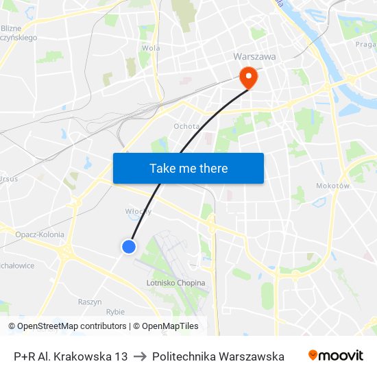 P+R Al. Krakowska to Politechnika Warszawska map