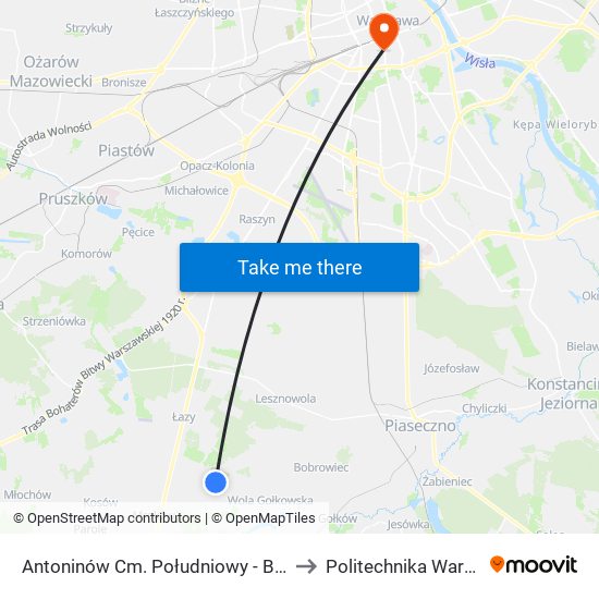 Antoninów Cm. Południowy-Brama Płd. to Politechnika Warszawska map