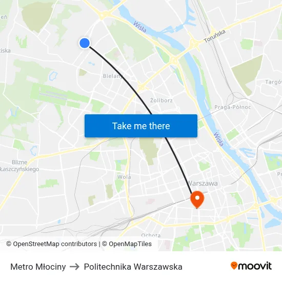 Metro Młociny to Politechnika Warszawska map