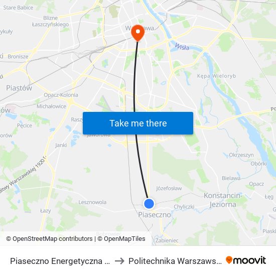 Piaseczno Energetyczna to Politechnika Warszawska map