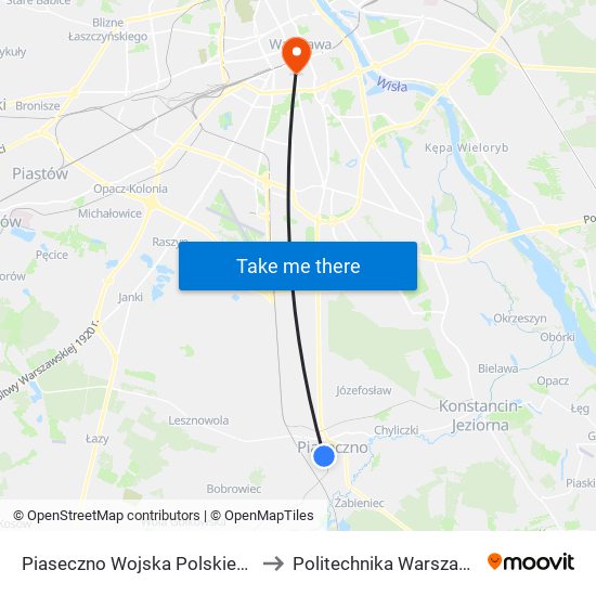 Piaseczno Wojska Polskiego 01 to Politechnika Warszawska map
