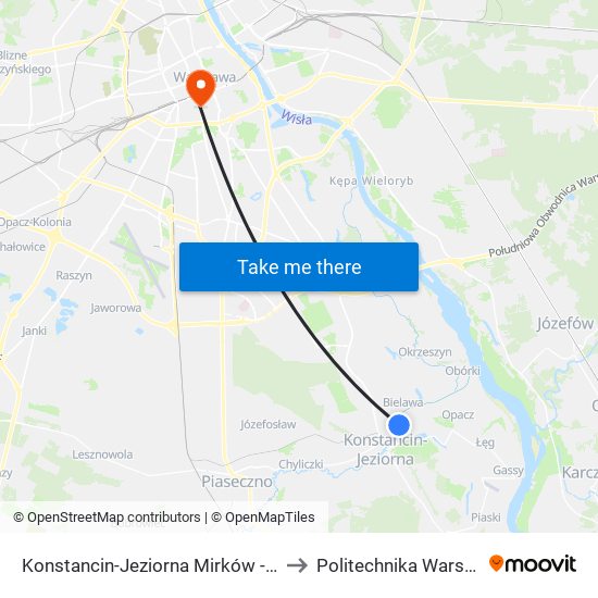 Konstancin-Jeziorna Mirków - Szkoła 02 to Politechnika Warszawska map