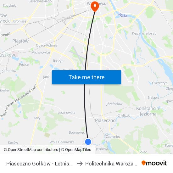 Piaseczno Gołków - Letnisko 01 to Politechnika Warszawska map