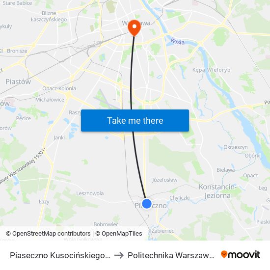 Piaseczno Kusocińskiego 02 to Politechnika Warszawska map