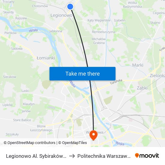 Legionowo Al. Sybiraków 02 to Politechnika Warszawska map