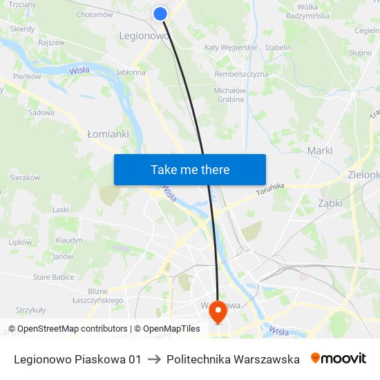 Legionowo Piaskowa 01 to Politechnika Warszawska map