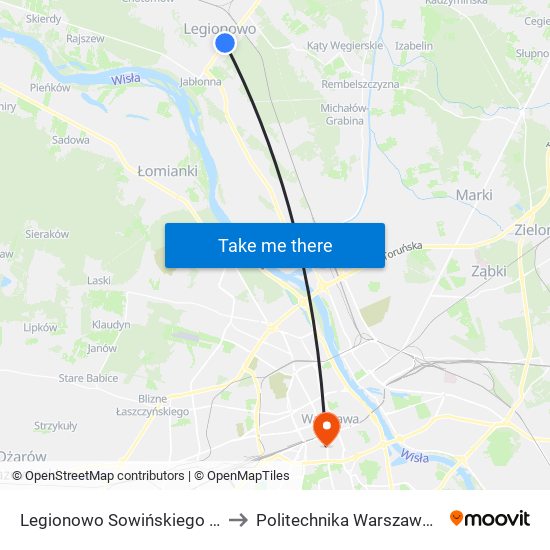 Legionowo Sowińskiego 04 to Politechnika Warszawska map