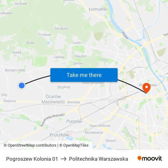 Pogroszew Kolonia to Politechnika Warszawska map