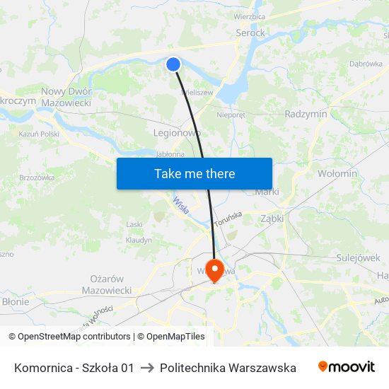 Komornica - Szkoła 01 to Politechnika Warszawska map