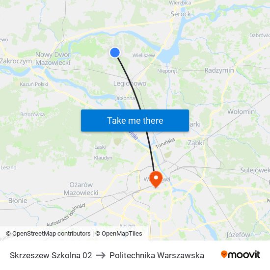 Skrzeszew Szkolna to Politechnika Warszawska map