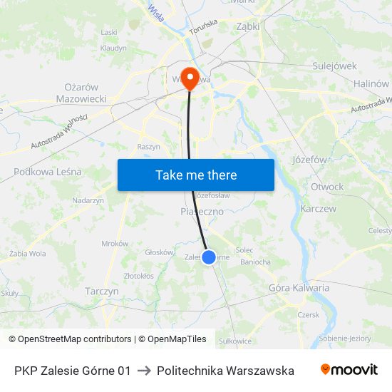 PKP Zalesie Górne 01 to Politechnika Warszawska map