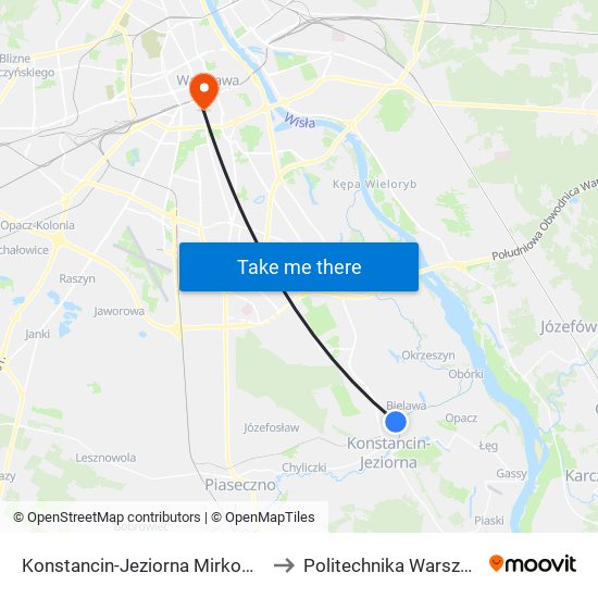 Konstancin-Jeziorna Mirkowska 01 to Politechnika Warszawska map