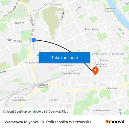 Warszawa Młynów to Politechnika Warszawska map