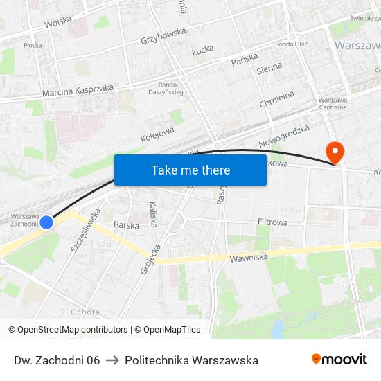 Dw. Zachodni to Politechnika Warszawska map