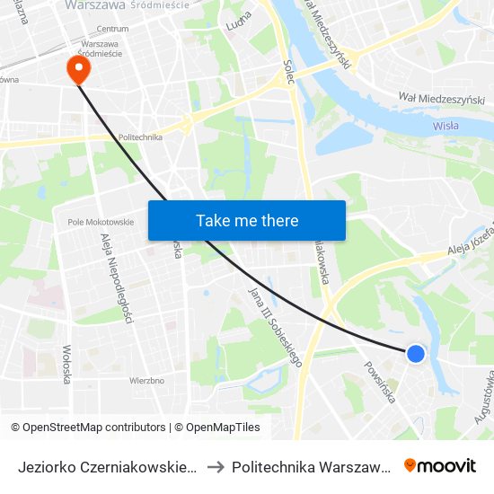 Jeziorko Czerniakowskie to Politechnika Warszawska map