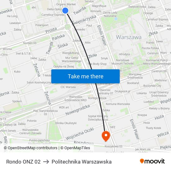 Rondo ONZ 02 to Politechnika Warszawska map