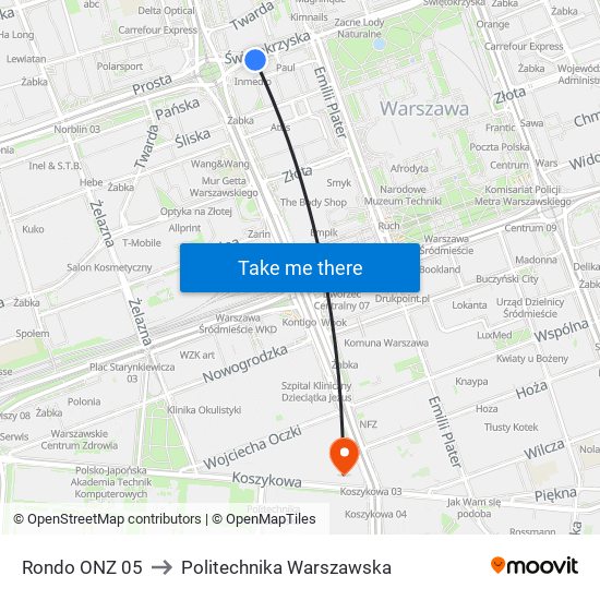 Rondo ONZ 05 to Politechnika Warszawska map