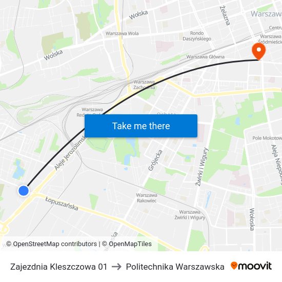 Zajezdnia Kleszczowa to Politechnika Warszawska map