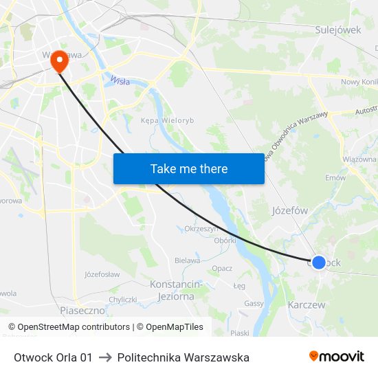 Otwock Orla to Politechnika Warszawska map