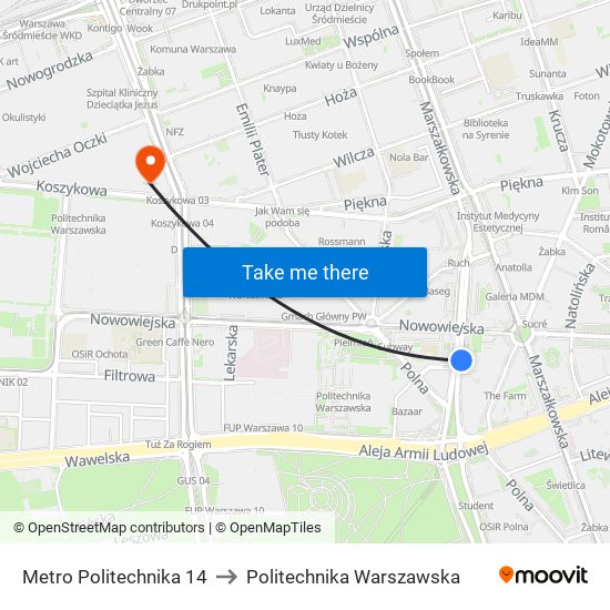 Metro Politechnika to Politechnika Warszawska map