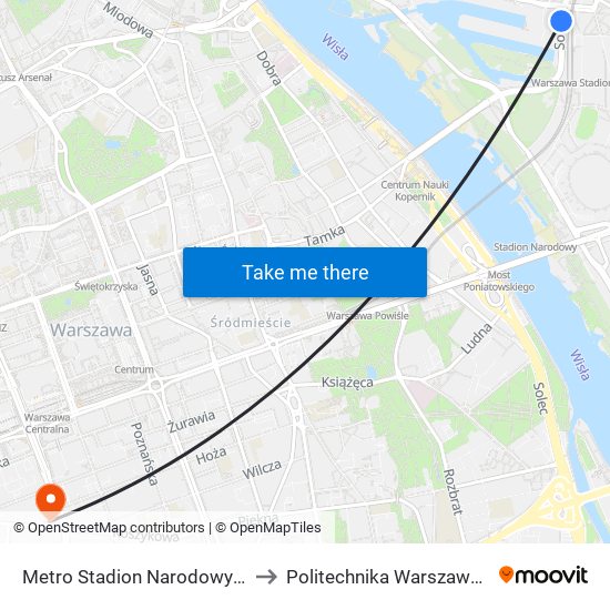 Metro Stadion Narodowy to Politechnika Warszawska map