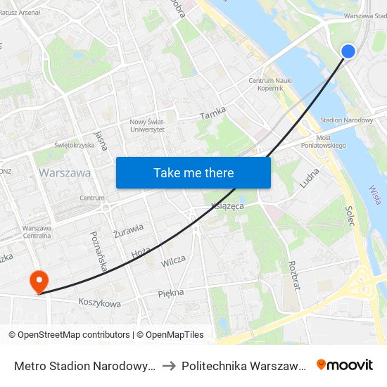 Metro Stadion Narodowy to Politechnika Warszawska map