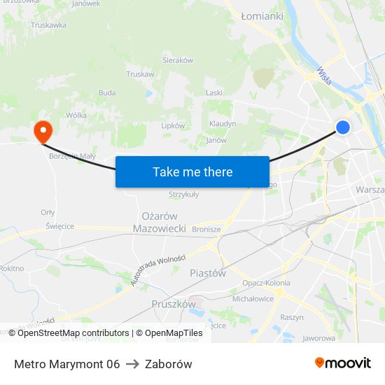 Metro Marymont to Zaborów map