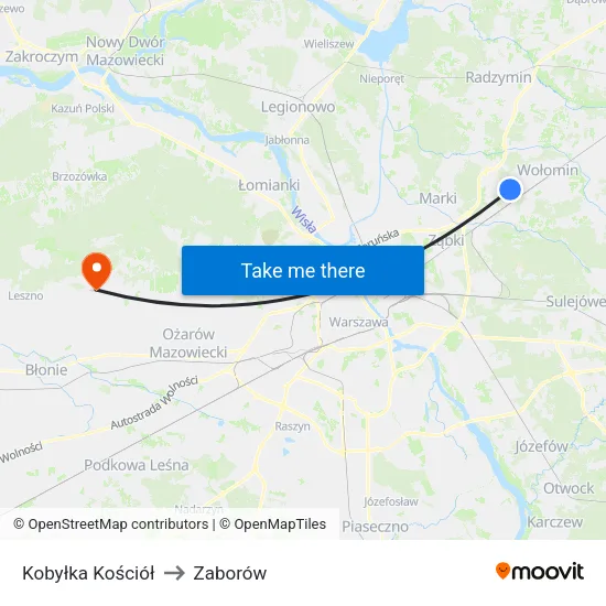 Kobyłka Kościół to Zaborów map
