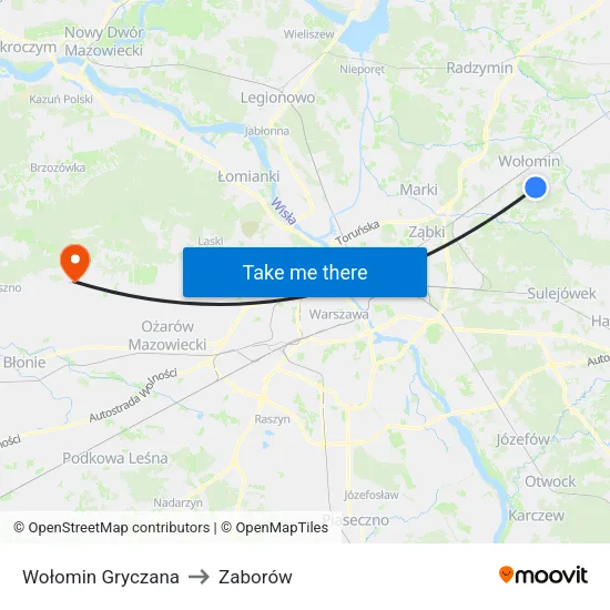 Wołomin Gryczana to Zaborów map