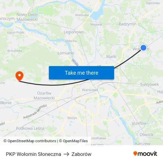 PKP Wołomin Słoneczna to Zaborów map