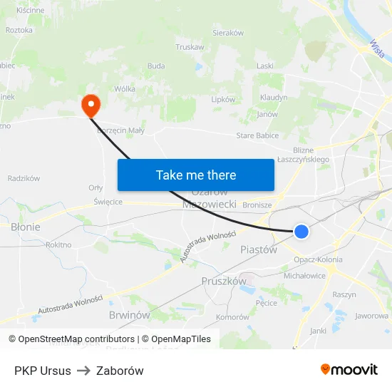 PKP Ursus to Zaborów map