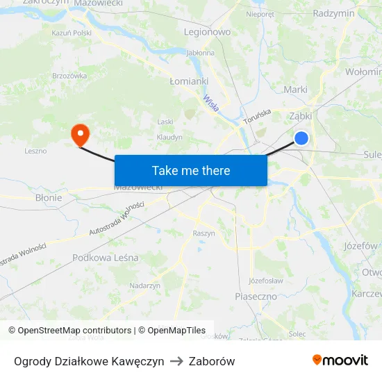 Ogrody Działkowe Kawęczyn to Zaborów map