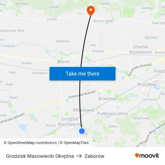 Grodzisk Mazowiecki Okrężna to Zaborów map