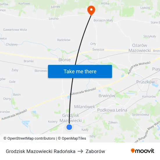 Grodzisk Mazowiecki Radońska to Zaborów map