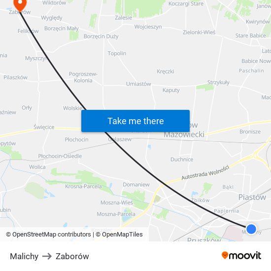 Malichy to Zaborów map