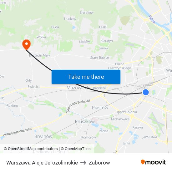 Warszawa Aleje Jerozolimskie to Zaborów map