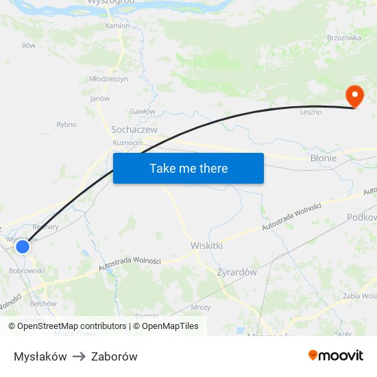 Mysłaków to Zaborów map