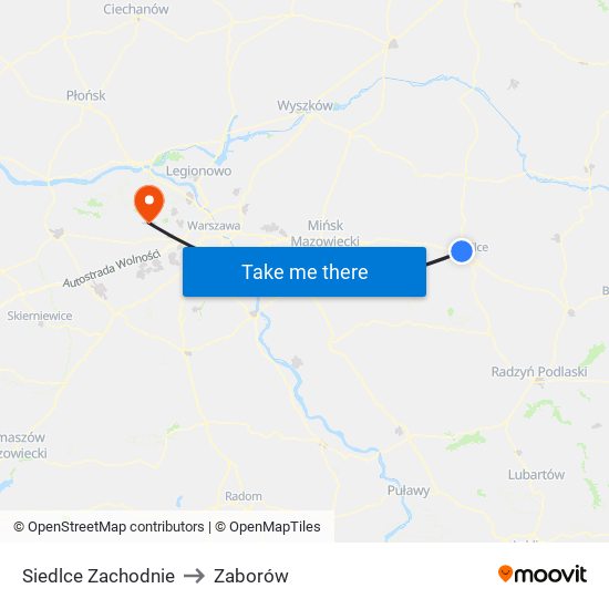 Siedlce Zachodnie to Zaborów map