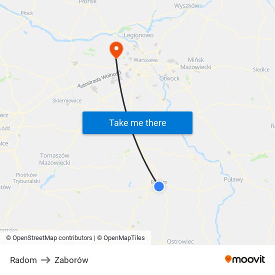 Radom to Zaborów map