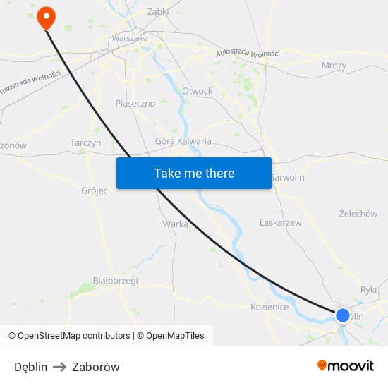 Dęblin to Zaborów map