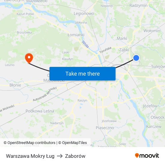 Warszawa Mokry Ług to Zaborów map