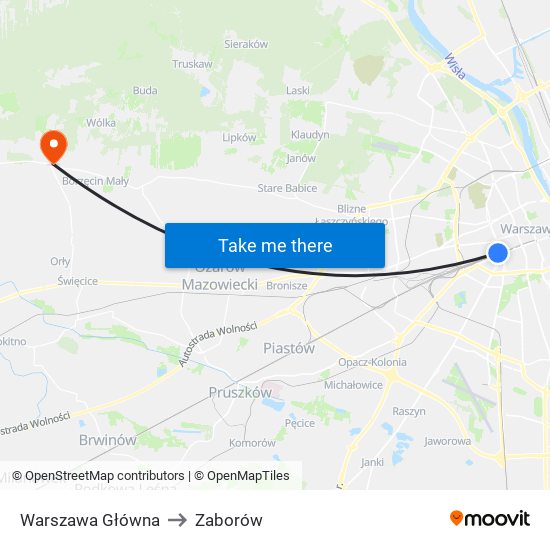 Warszawa Główna to Zaborów map