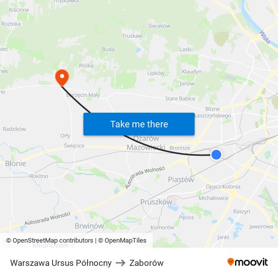 Warszawa Ursus Północny to Zaborów map