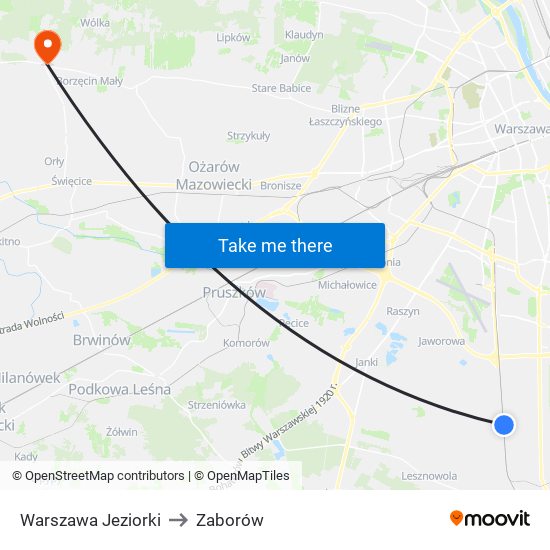 Warszawa Jeziorki to Zaborów map