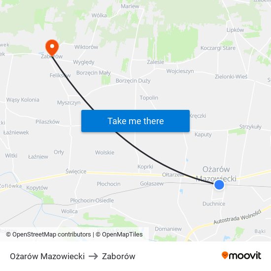 Ożarów Mazowiecki to Zaborów map