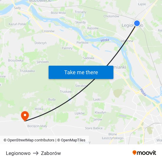 Legionowo to Zaborów map