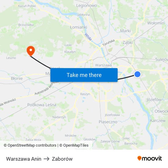 Warszawa Anin to Zaborów map