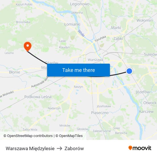 Warszawa Międzylesie to Zaborów map