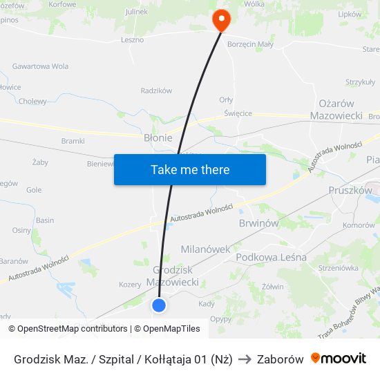 Grodzisk Maz. / Szpital / Kołłątaja (Nż) to Zaborów map