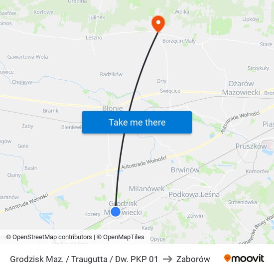 Grodzisk Maz. / Traugutta / Dw. PKP 01 to Zaborów map